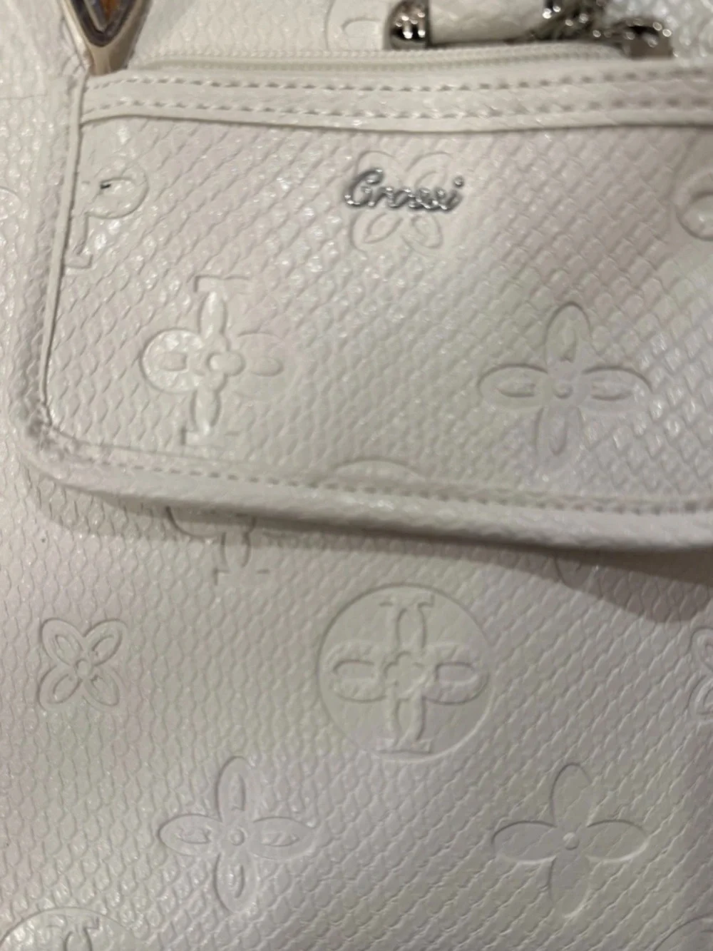 CROSSI Satchel White Logos Top Handle Zip Bag Detach Strap White 12”x9” NWT